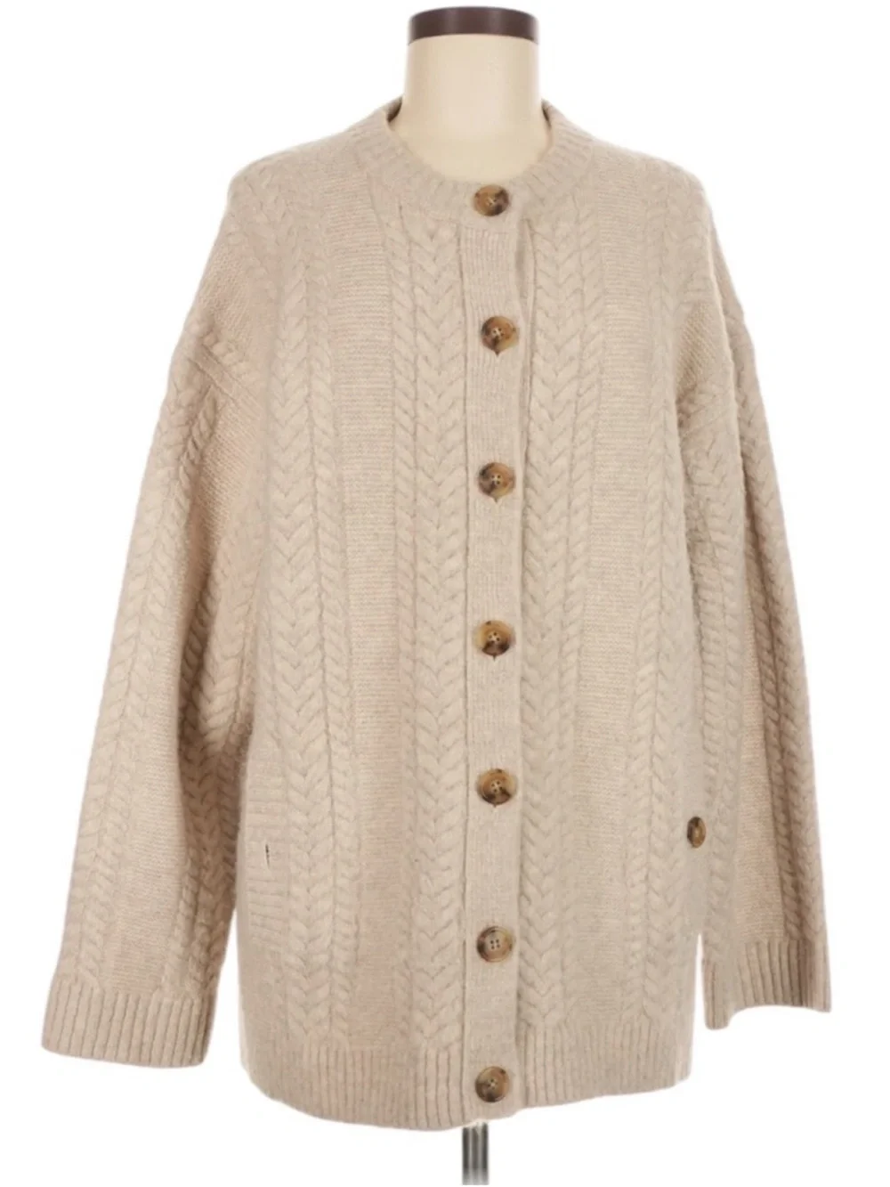 J. Crew Relaxed Cable Knit Cardigan Small Oatmeal Oversized Wool Cozy Layering